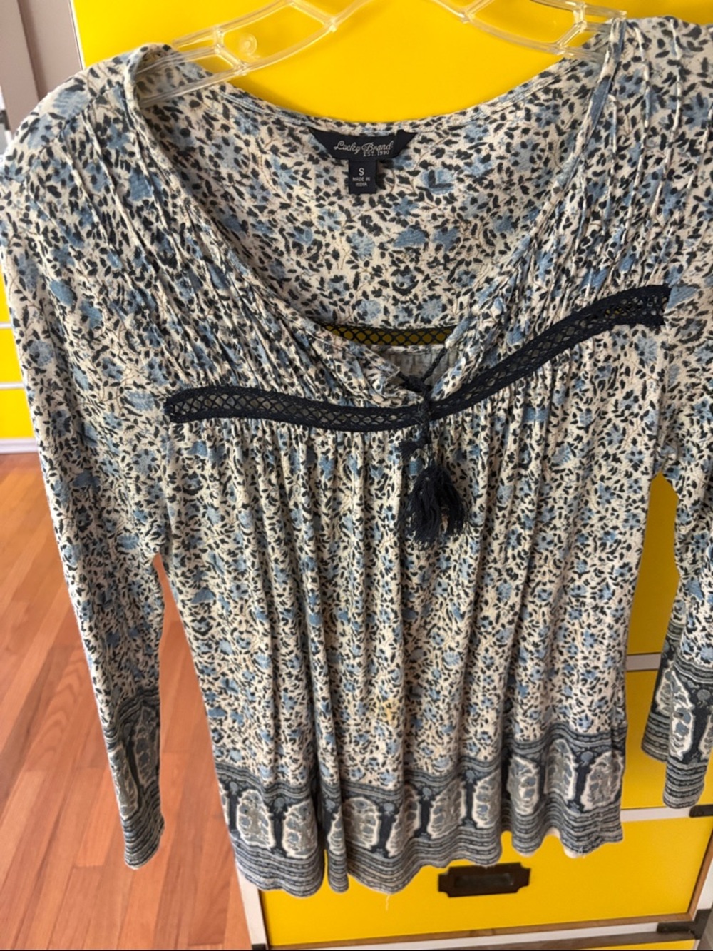 Lucky Brand Blue and Cream Floral Tassel Peasant Top